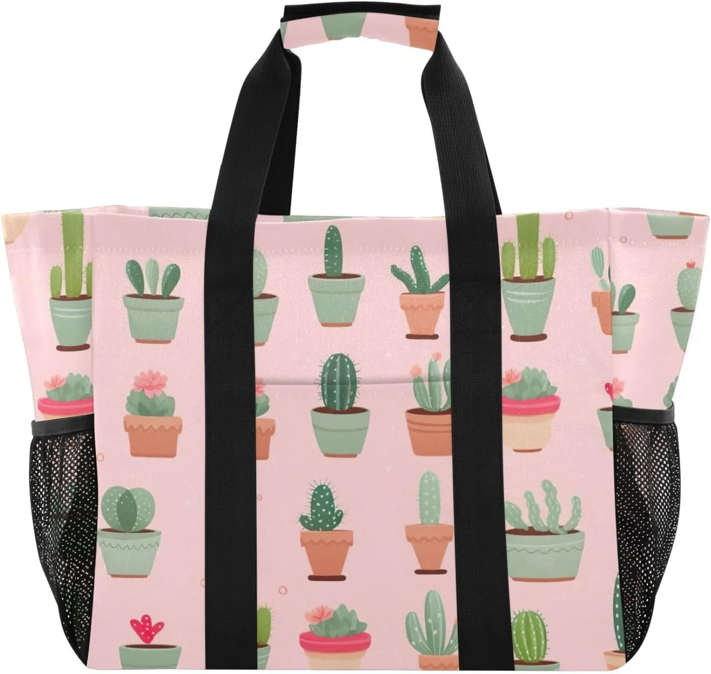 Colorful Flower Cactus Succulents Tote Bag for Women with Zipper Large Beach Bags Foldable Work Bag Totes Handbags for Gym Grocery Travel Pool