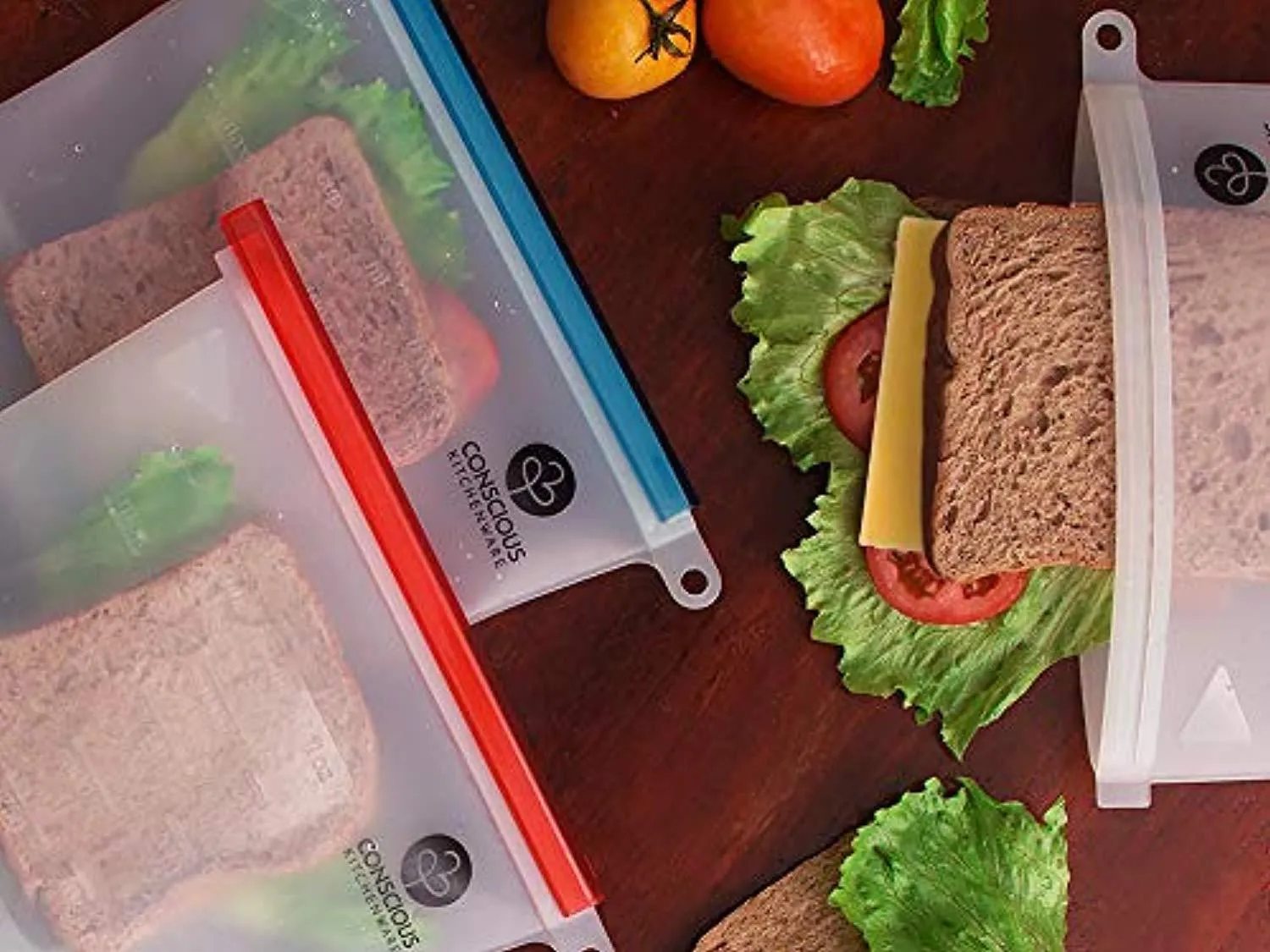 Conscious Kitchenware Eco Friendly Reusable Silicone Food Storage Bags 1x Large 50oz   3x Small 30oz - Airtight Seal Keeps Food Fresh - FDA-Approved Reusable Snack, Sandwich, Sous Vide & Freezer Bag
