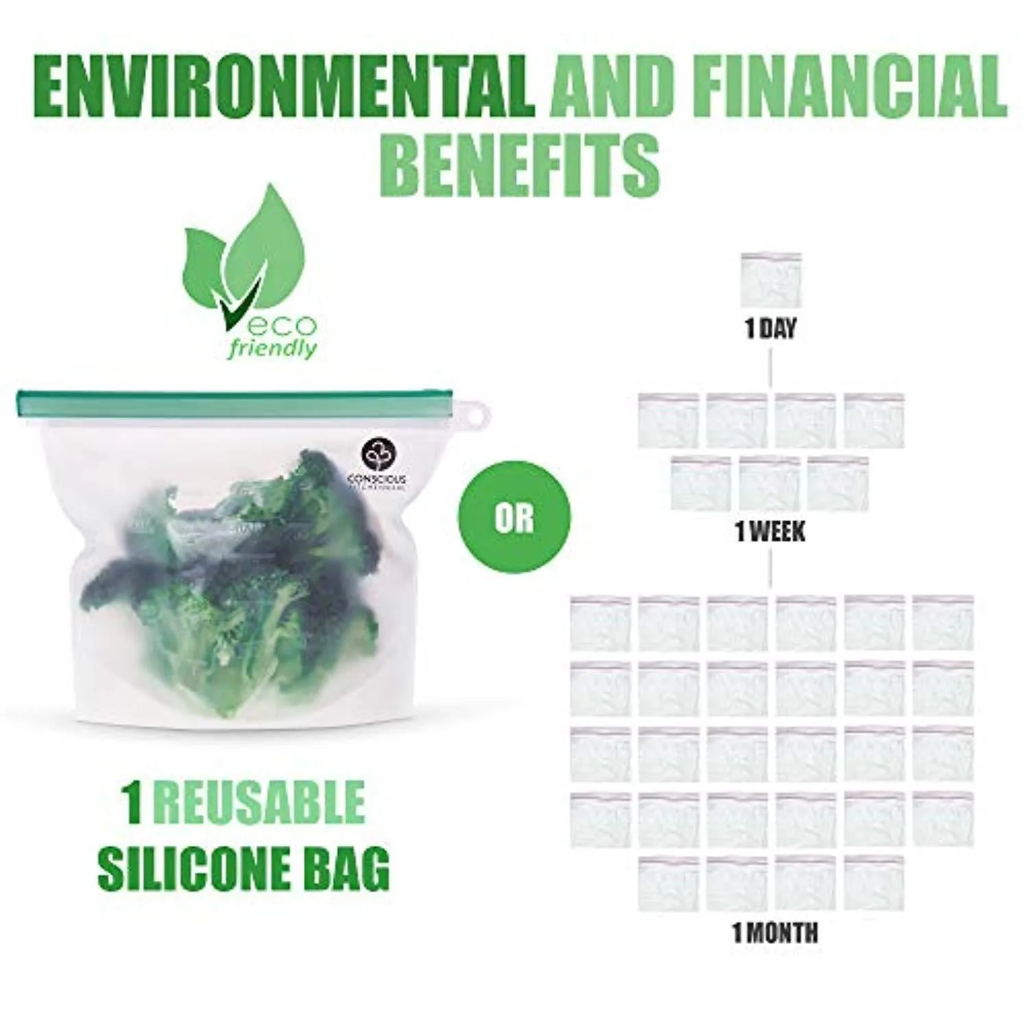 Conscious Kitchenware Eco Friendly Reusable Silicone Food Storage Bags 1x Large 50oz   3x Small 30oz - Airtight Seal Keeps Food Fresh - FDA-Approved Reusable Snack, Sandwich, Sous Vide & Freezer Bag