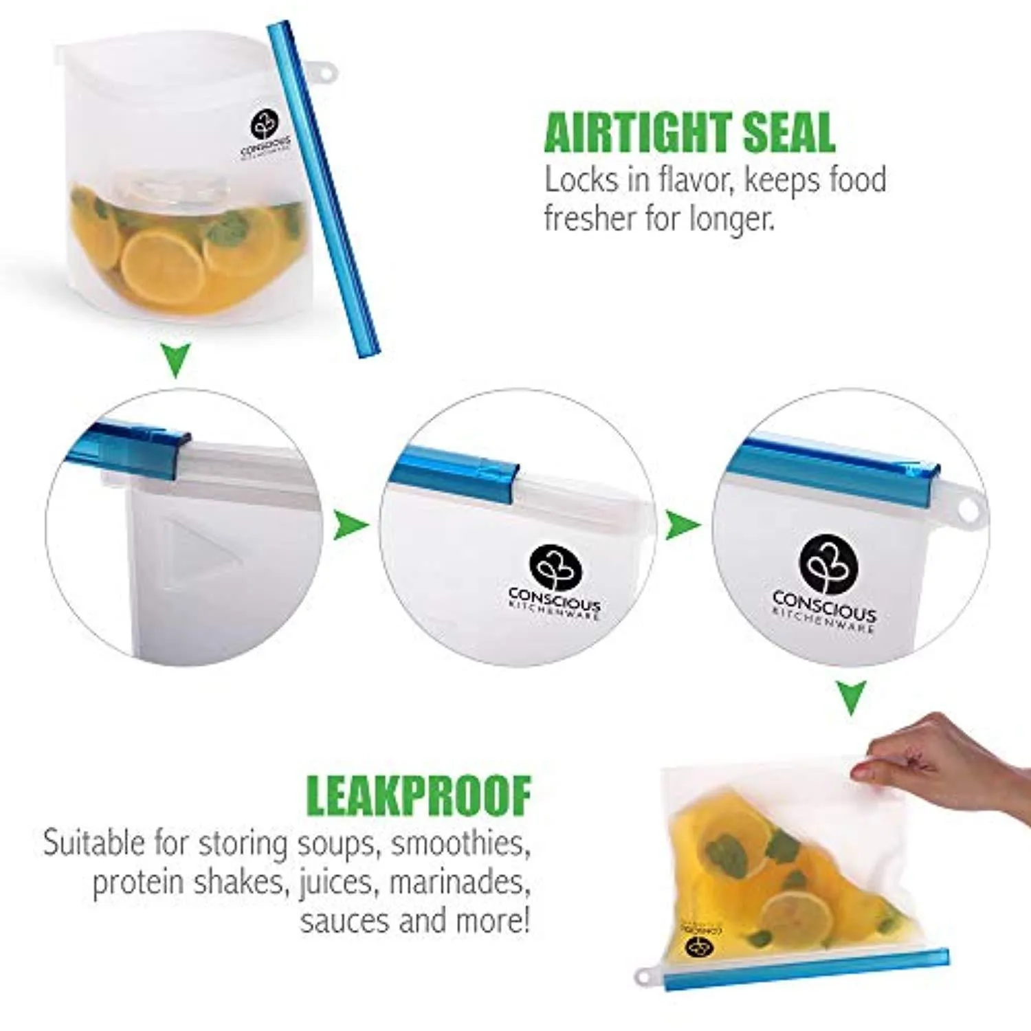 Conscious Kitchenware Eco Friendly Reusable Silicone Food Storage Bags 1x Large 50oz   3x Small 30oz - Airtight Seal Keeps Food Fresh - FDA-Approved Reusable Snack, Sandwich, Sous Vide & Freezer Bag