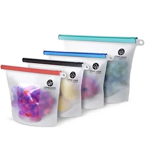 Conscious Kitchenware Eco Friendly Reusable Silicone Food Storage Bags 1x Large 50oz   3x Small 30oz - Airtight Seal Keeps Food Fresh - FDA-Approved Reusable Snack, Sandwich, Sous Vide & Freezer Bag