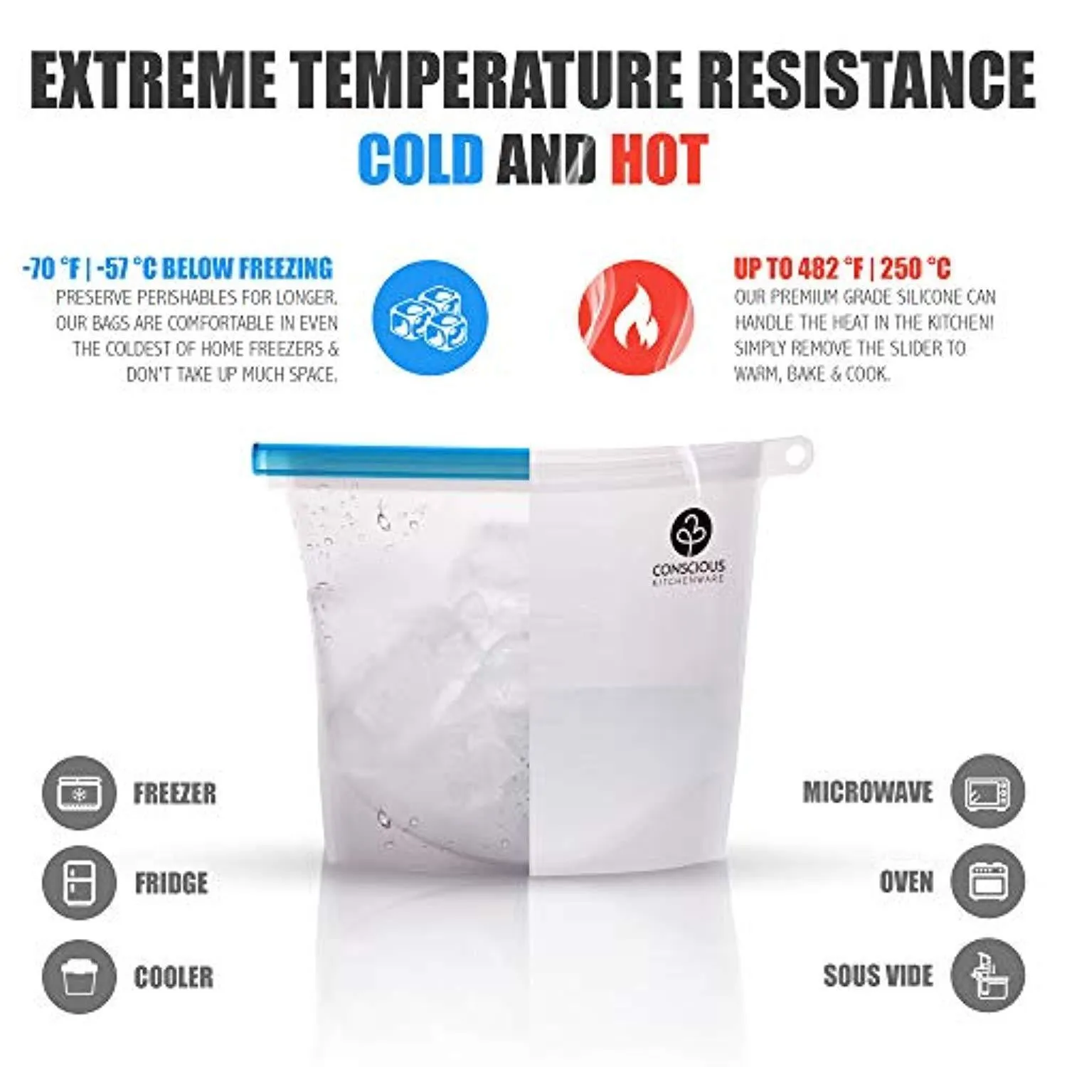 Conscious Kitchenware Eco Friendly Reusable Silicone Food Storage Bags 1x Large 50oz   3x Small 30oz - Airtight Seal Keeps Food Fresh - FDA-Approved Reusable Snack, Sandwich, Sous Vide & Freezer Bag
