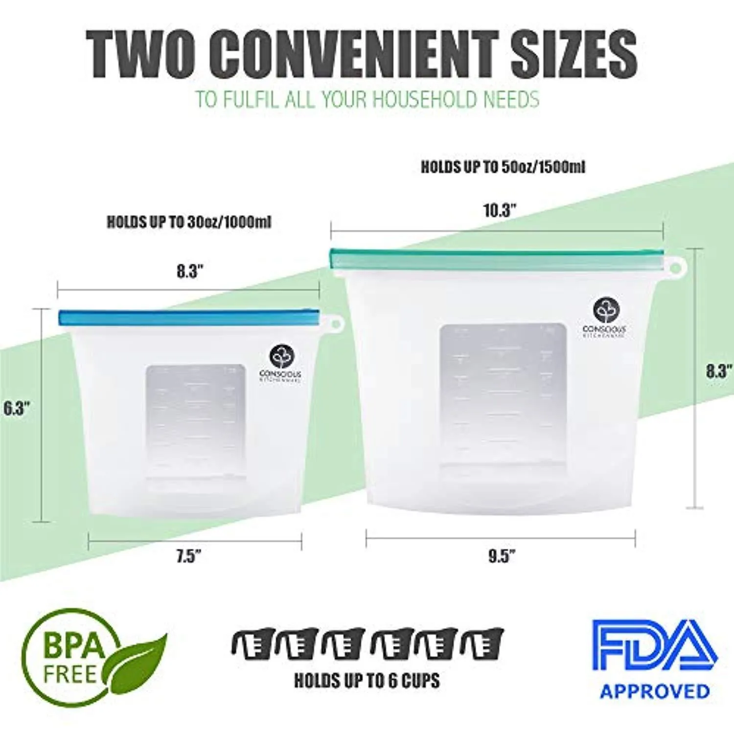 Conscious Kitchenware Eco Friendly Reusable Silicone Food Storage Bags 1x Large 50oz   3x Small 30oz - Airtight Seal Keeps Food Fresh - FDA-Approved Reusable Snack, Sandwich, Sous Vide & Freezer Bag