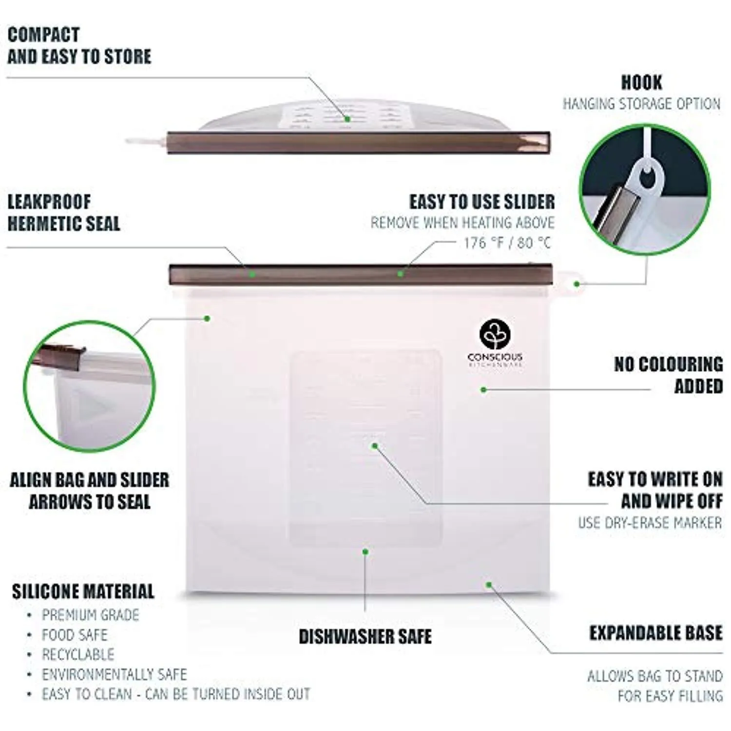 Conscious Kitchenware Eco Friendly Reusable Silicone Food Storage Bags 1x Large 50oz   3x Small 30oz - Airtight Seal Keeps Food Fresh - FDA-Approved Reusable Snack, Sandwich, Sous Vide & Freezer Bag