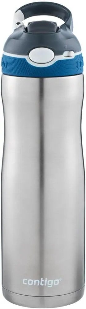 Contigo Ashland Chill Autospout Water Bottle with Flip Straw, Stainless Steel Thermal Drinking Bottle,Leakproof,Grey, BLue, 590 ml
