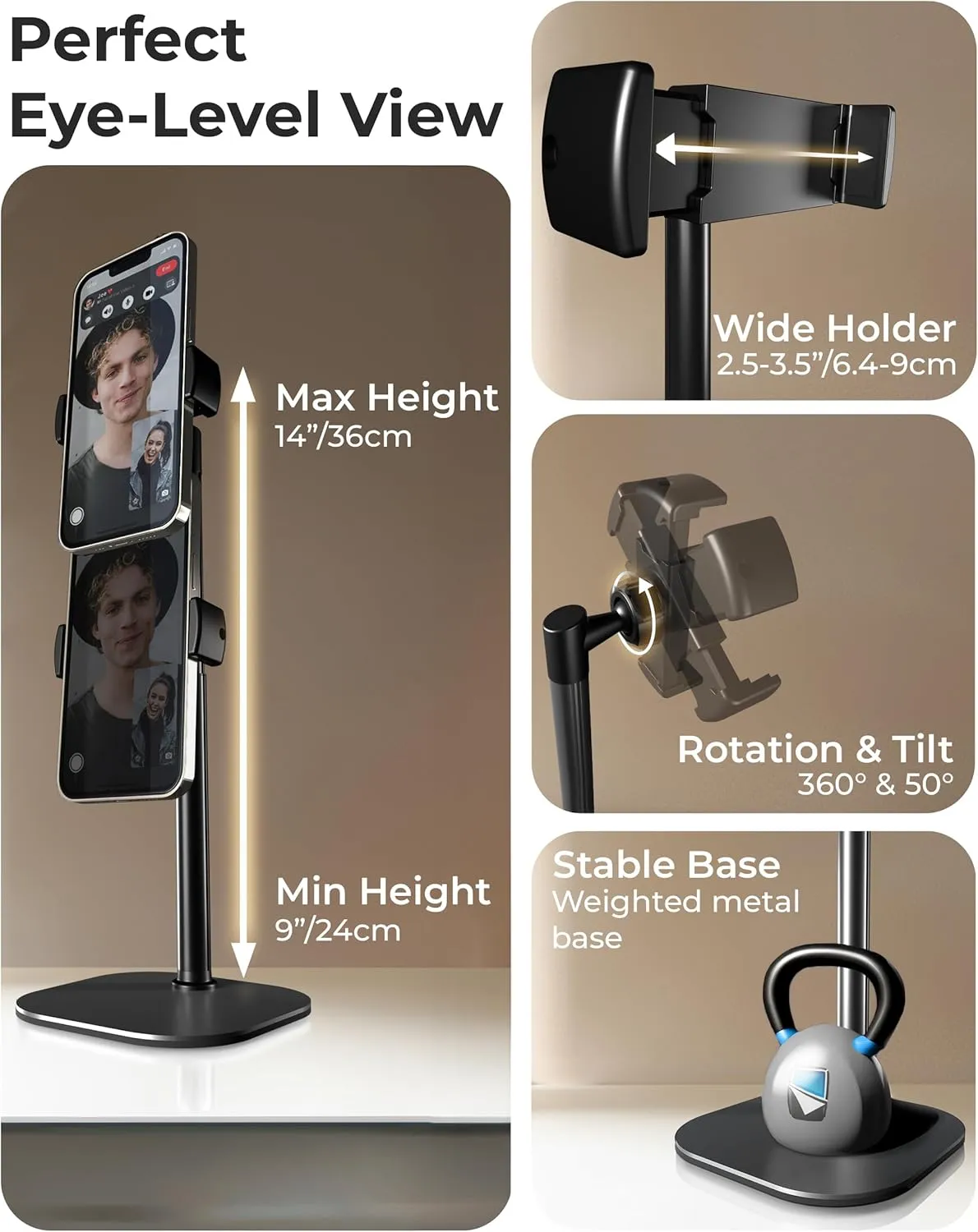 Cooper ChatStand Adjustable Cell Phone Stand for Desk & Video Recording, Rotating Cell Phone Holder for Desk for All iPhone, Samsung, Android, 9-14" Face-Level Metal Desktop Tripod (Night Black)