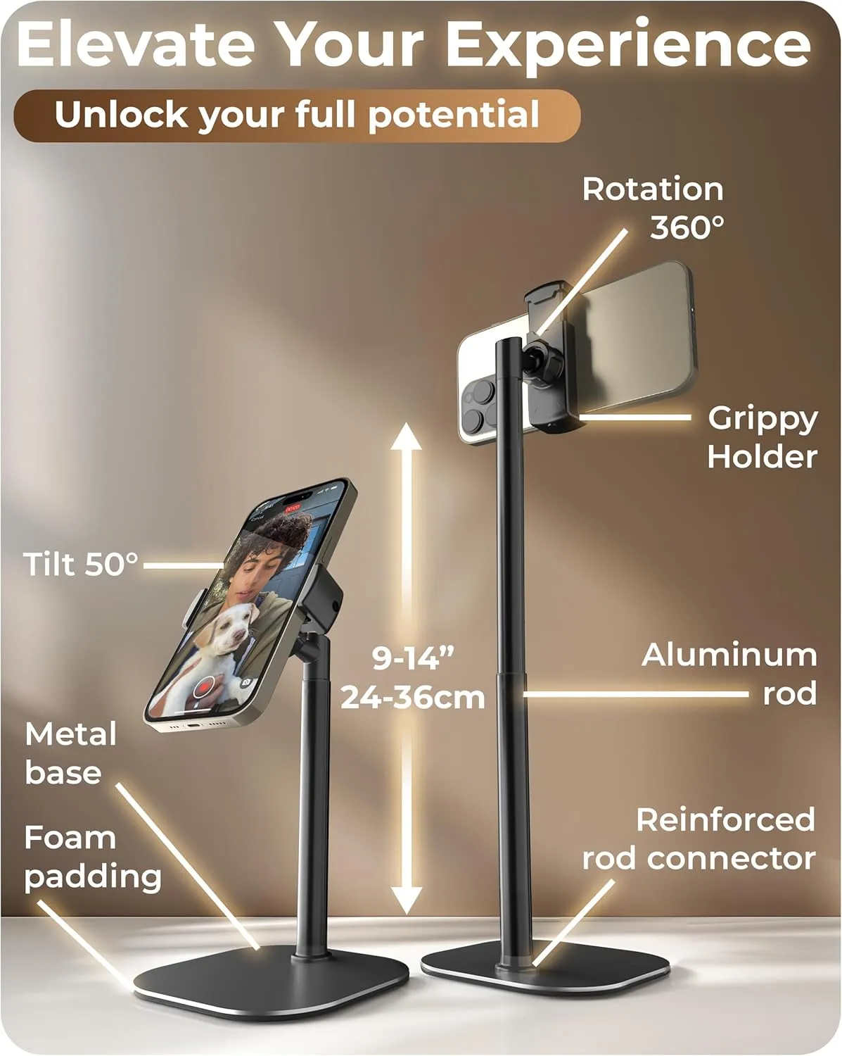 Cooper ChatStand Adjustable Cell Phone Stand for Desk & Video Recording, Rotating Cell Phone Holder for Desk for All iPhone, Samsung, Android, 9-14" Face-Level Metal Desktop Tripod (Night Black)