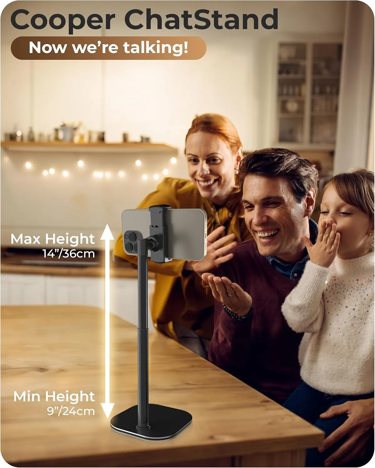 Cooper ChatStand Adjustable Cell Phone Stand for Desk & Video Recording, Rotating Cell Phone Holder for Desk for All iPhone, Samsung, Android, 9-14" Face-Level Metal Desktop Tripod (Night Black)