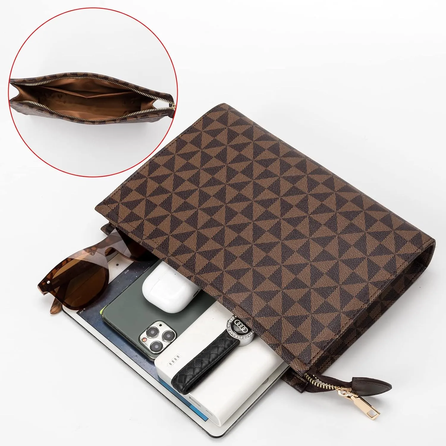 Cosmetic Makeup Bag for Women, PU Travel Pouch Designer Trendy Purse Clutch Luxury Bag Accessories (Brown)