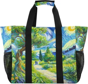 Country Path Tree Tote Bag for Women with Zipper Large Beach Bags Foldable Work Bag Totes Handbags for Grocery Pool Gym Travel