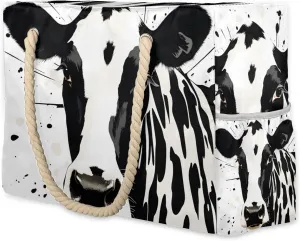 Cow Black White Large Beach Tote Bag Women Waterproof Sandproof Zipper Animal Cow Print Beach Bag for Pool Gym Grocery Travel with Wet Pocket