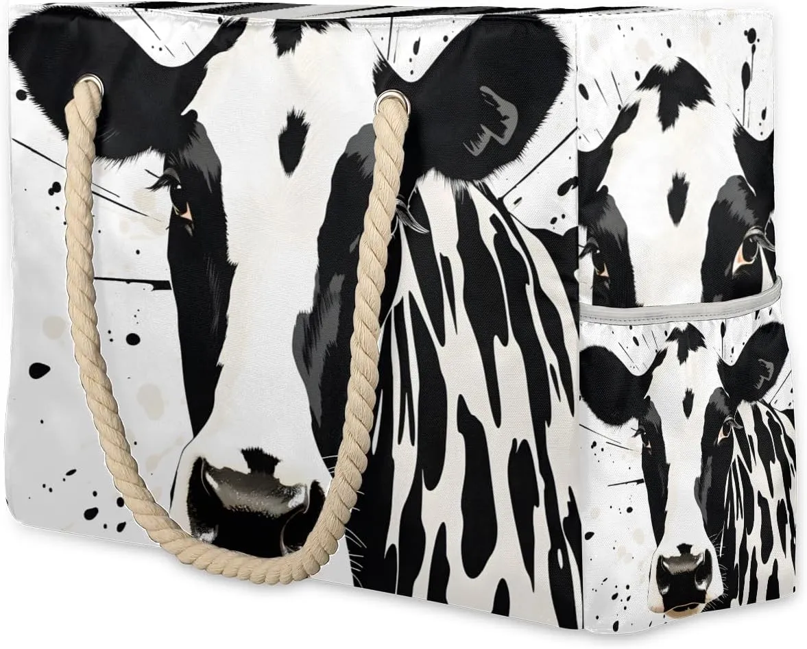 Cow Black White Large Beach Tote Bag Women Waterproof Sandproof Zipper Animal Cow Print Beach Bag for Pool Gym Grocery Travel with Wet Pocket