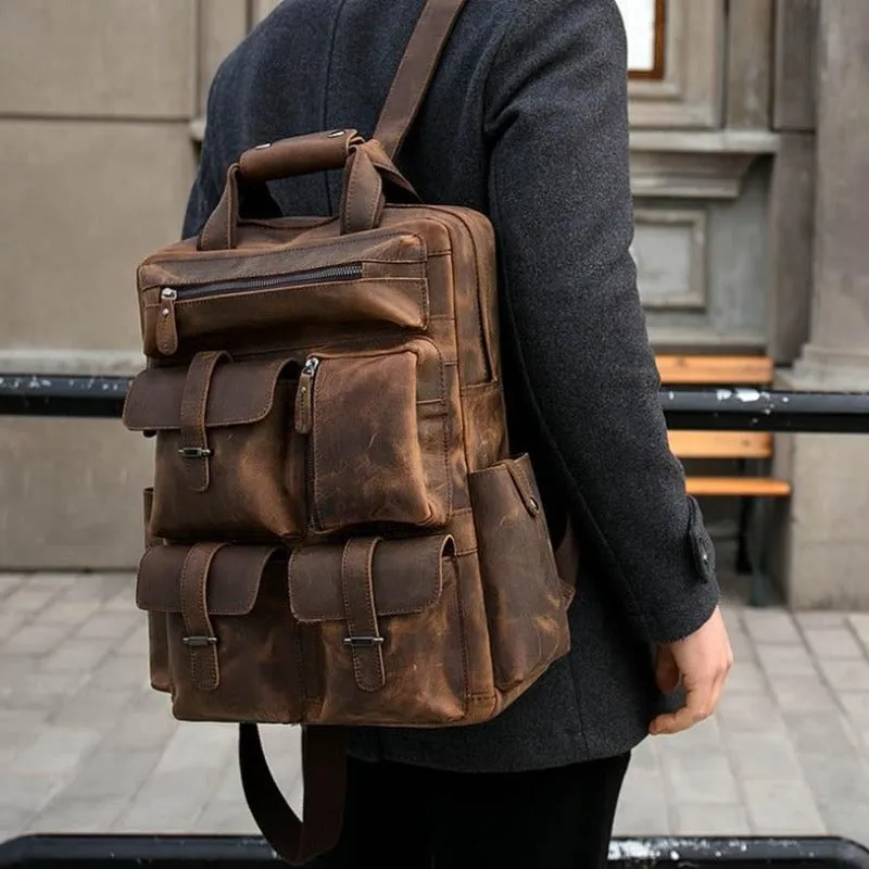 Crazy Horse Multi-Pocket Genuine Leather Backpack