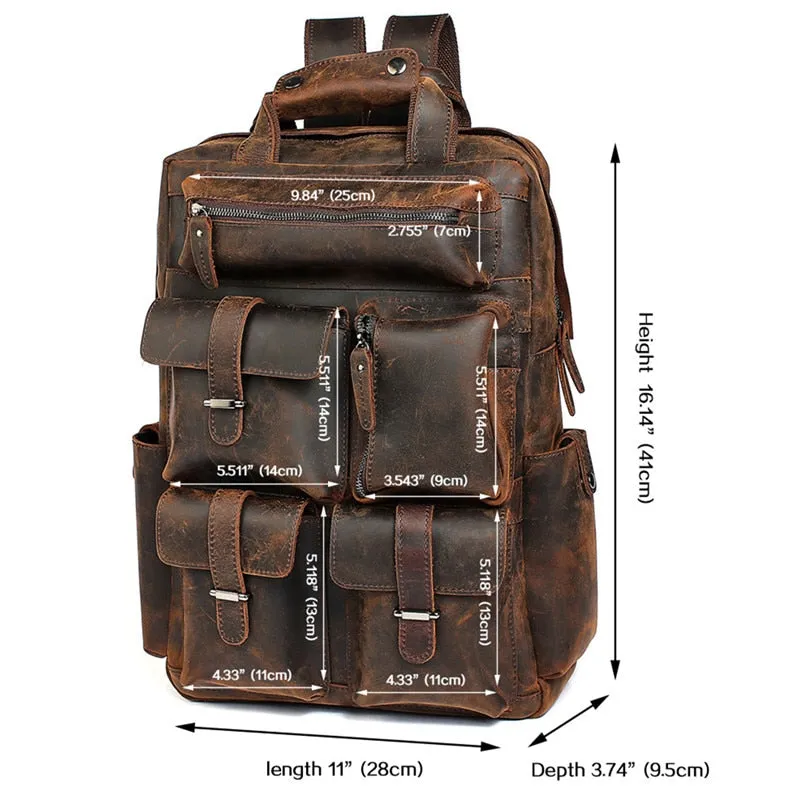Crazy Horse Multi-Pocket Genuine Leather Backpack
