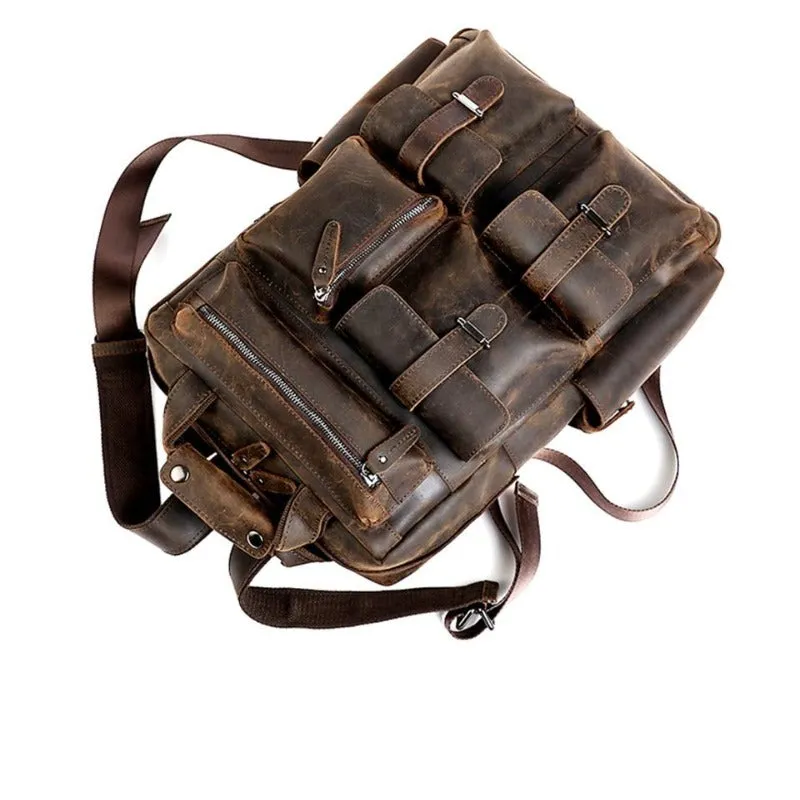 Crazy Horse Multi-Pocket Genuine Leather Backpack