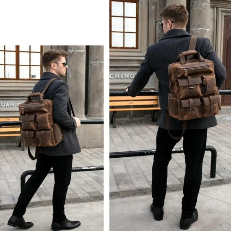 Crazy Horse Multi-Pocket Genuine Leather Backpack