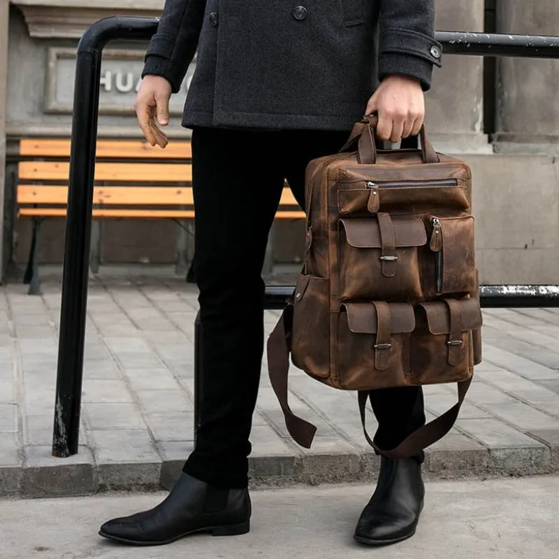 Crazy Horse Multi-Pocket Genuine Leather Backpack
