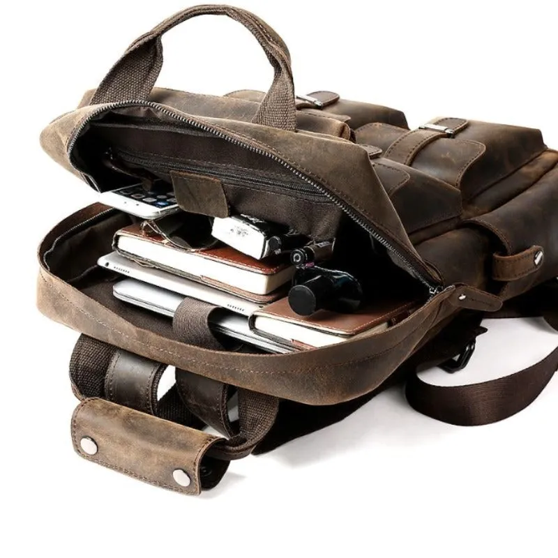 Crazy Horse Multi-Pocket Genuine Leather Backpack