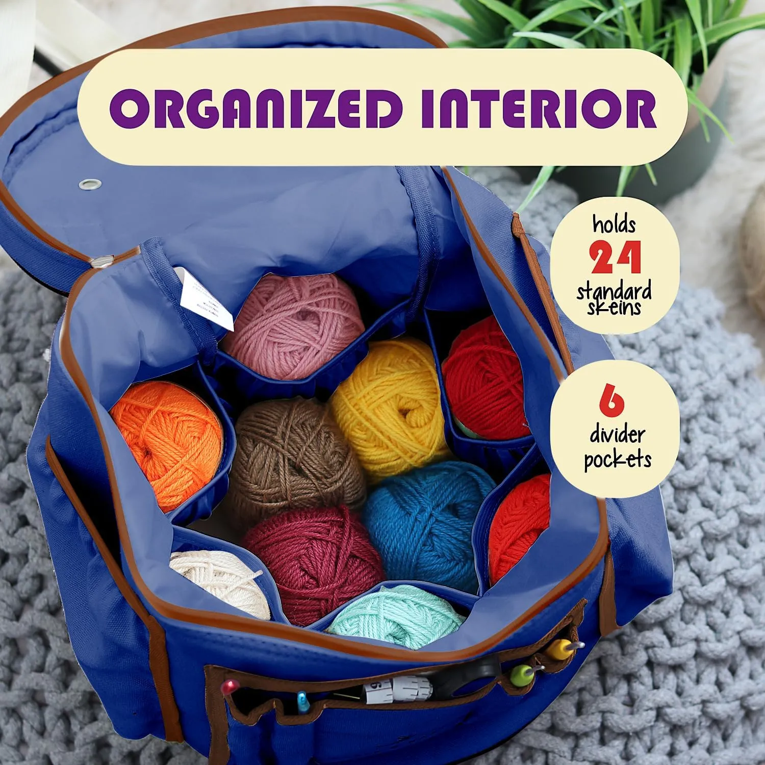 Crochet Bag Organizer – Durable Knitting Bag, Yarn Organizer for Crochet Accessories and Supplies, Canvas Yarn Bag, Crochet Organizer with Accessories Case, Yarn Storage Organizer – Royal Blue