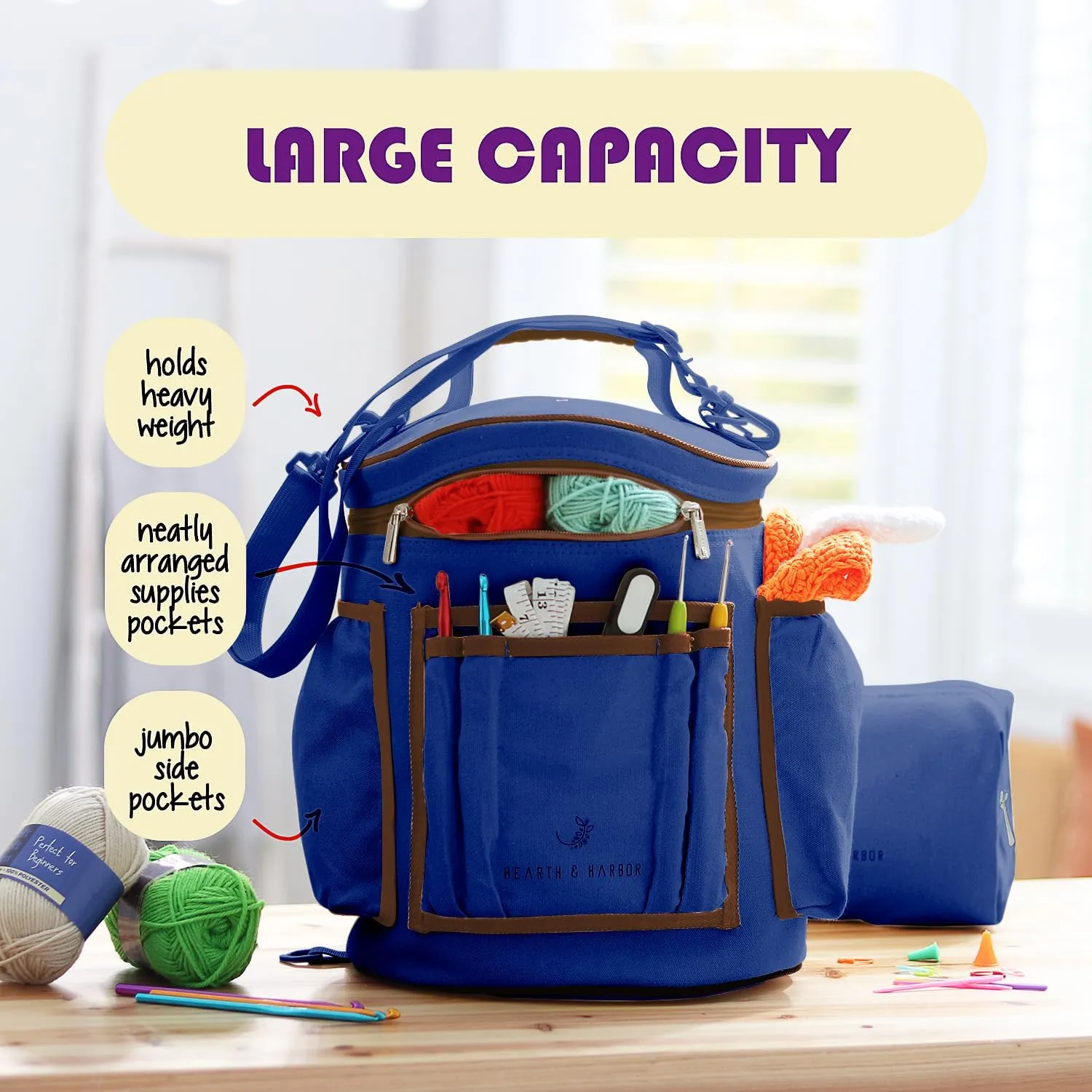 Crochet Bag Organizer – Durable Knitting Bag, Yarn Organizer for Crochet Accessories and Supplies, Canvas Yarn Bag, Crochet Organizer with Accessories Case, Yarn Storage Organizer – Royal Blue