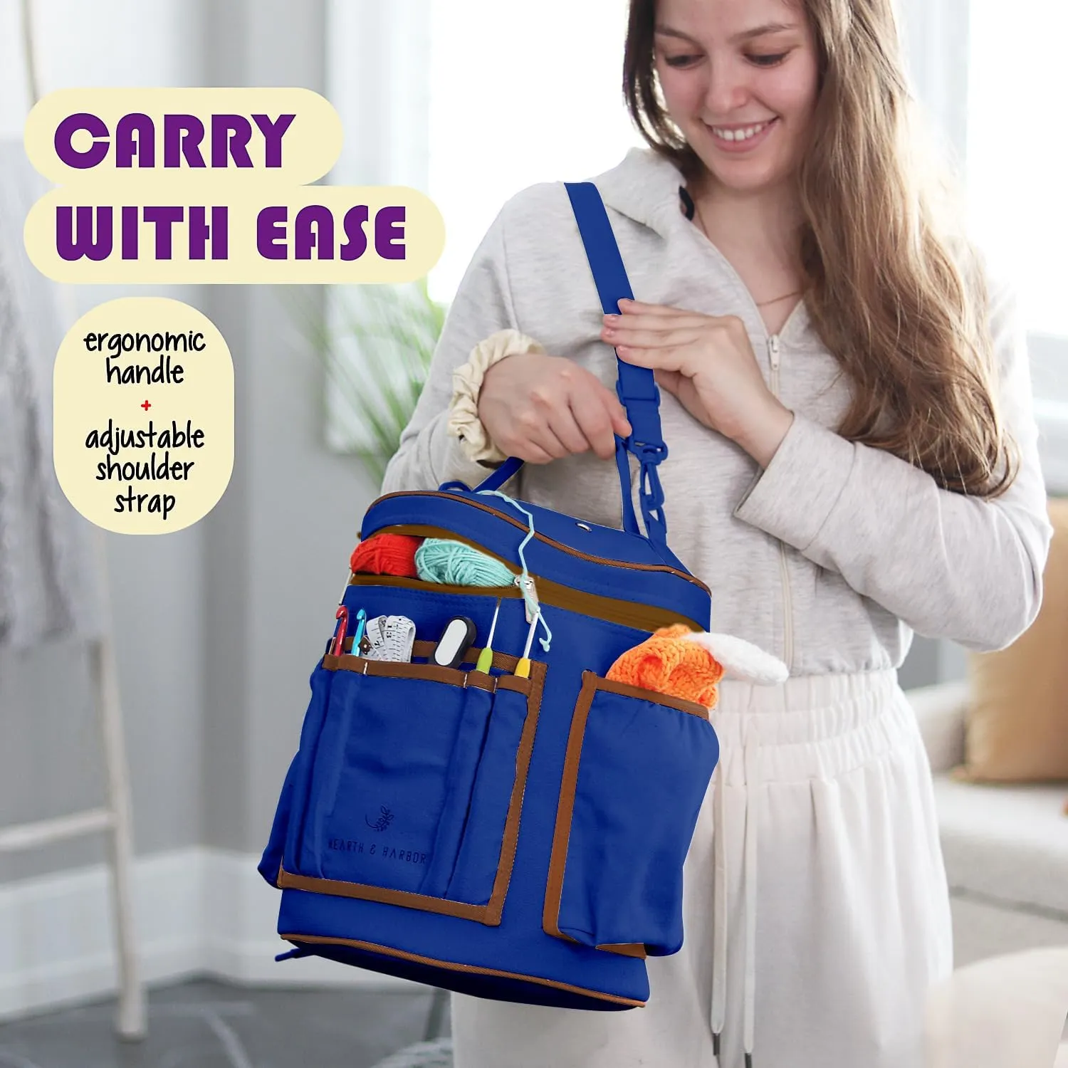 Crochet Bag Organizer – Durable Knitting Bag, Yarn Organizer for Crochet Accessories and Supplies, Canvas Yarn Bag, Crochet Organizer with Accessories Case, Yarn Storage Organizer – Royal Blue