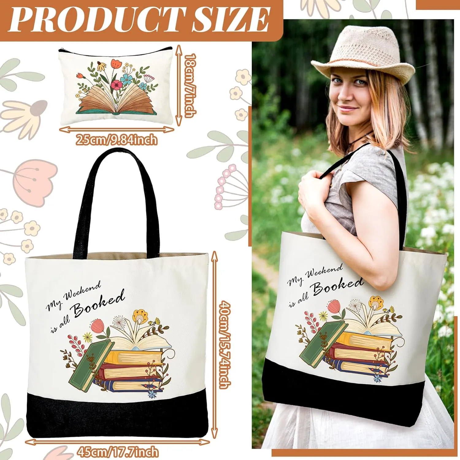 Cunno 2 Pcs Book Tote Bags Purse Set Book Lovers Gifts Canvas Tote Bags Librarian Bookish Birthday Gifts