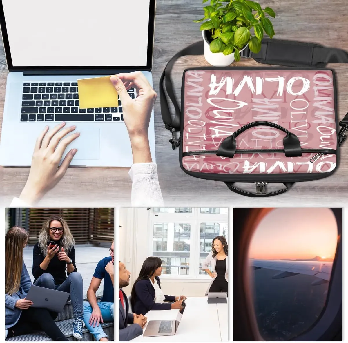 Custom Laptop Bag 15 Inch with Colorful Name Personalized Laptop Shoulder Bag - Black
