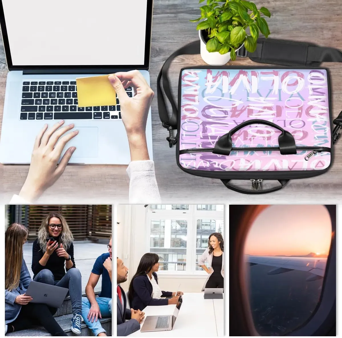 Custom Laptop Bag 15 Inch with Colorful Name Personalized Laptop Shoulder Bag - Black