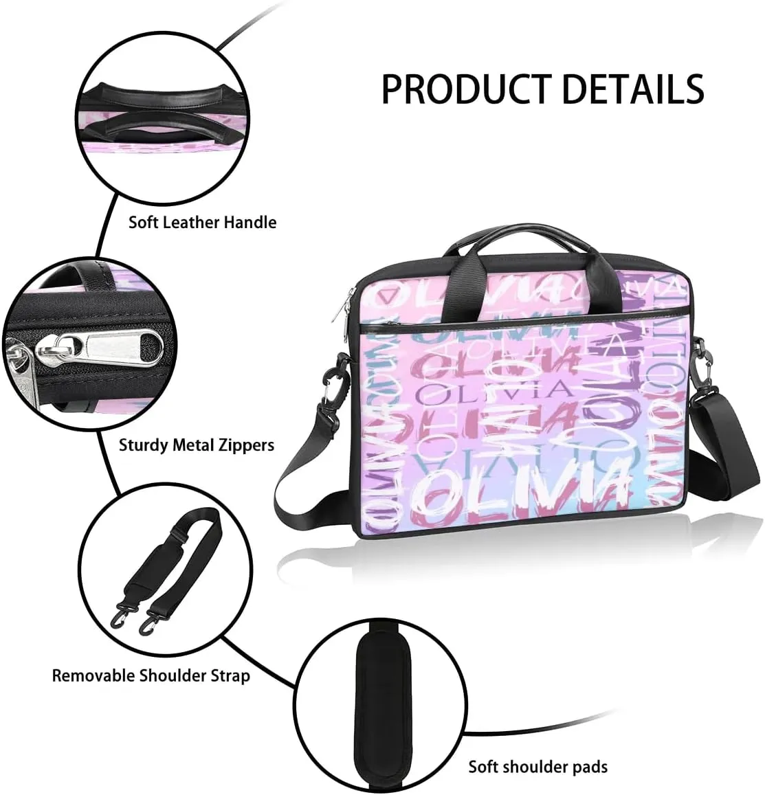 Custom Laptop Bag 15 Inch with Colorful Name Personalized Laptop Shoulder Bag - Black
