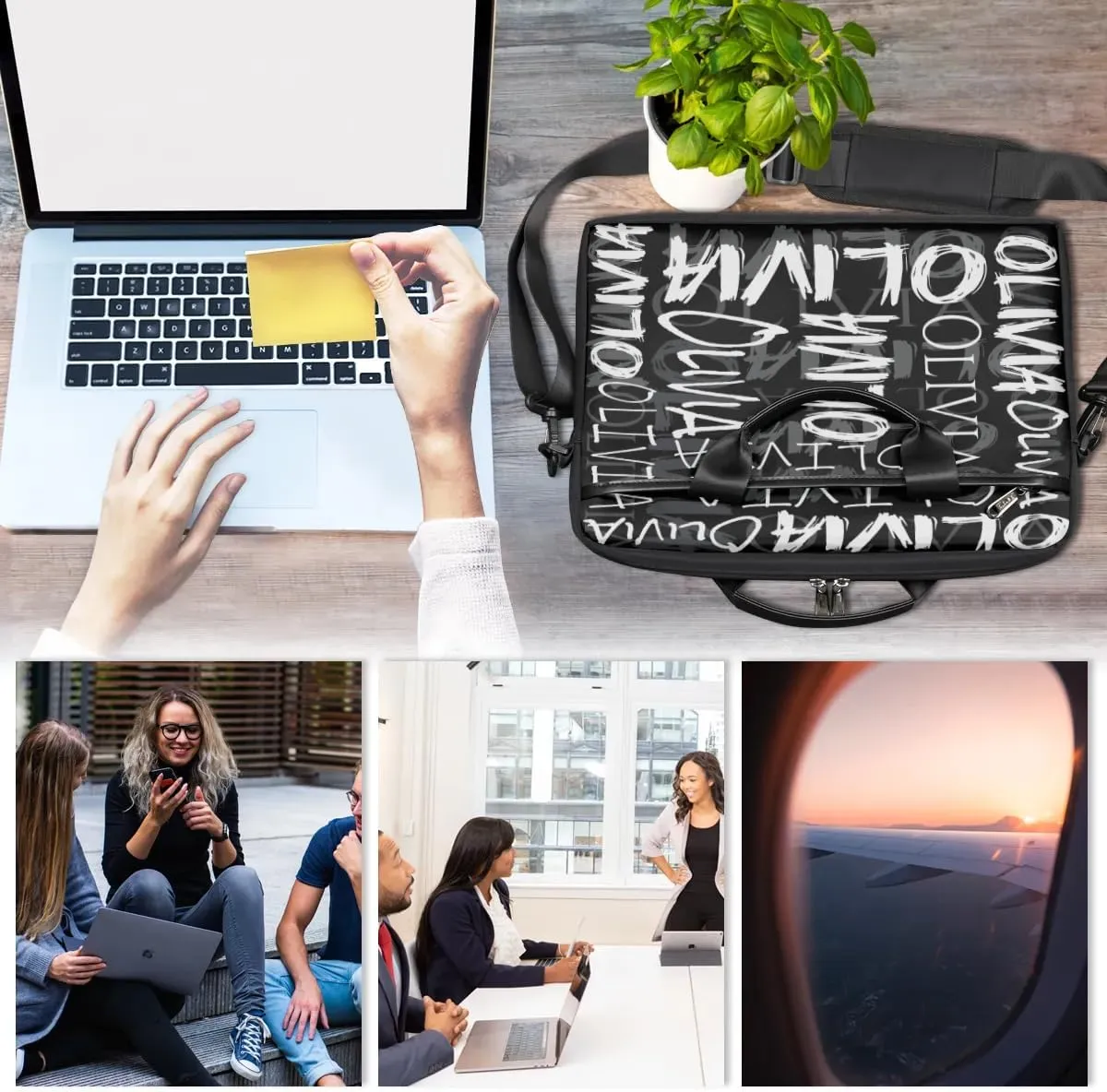 Custom Laptop Bag 15 Inch with Colorful Name Personalized Laptop Shoulder Bag - Black