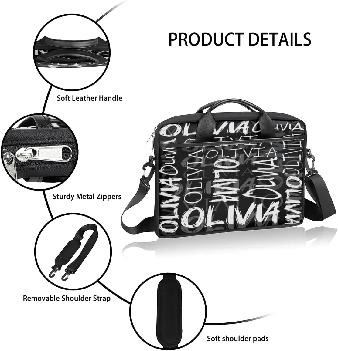 Custom Laptop Bag 15 Inch with Colorful Name Personalized Laptop Shoulder Bag - Black