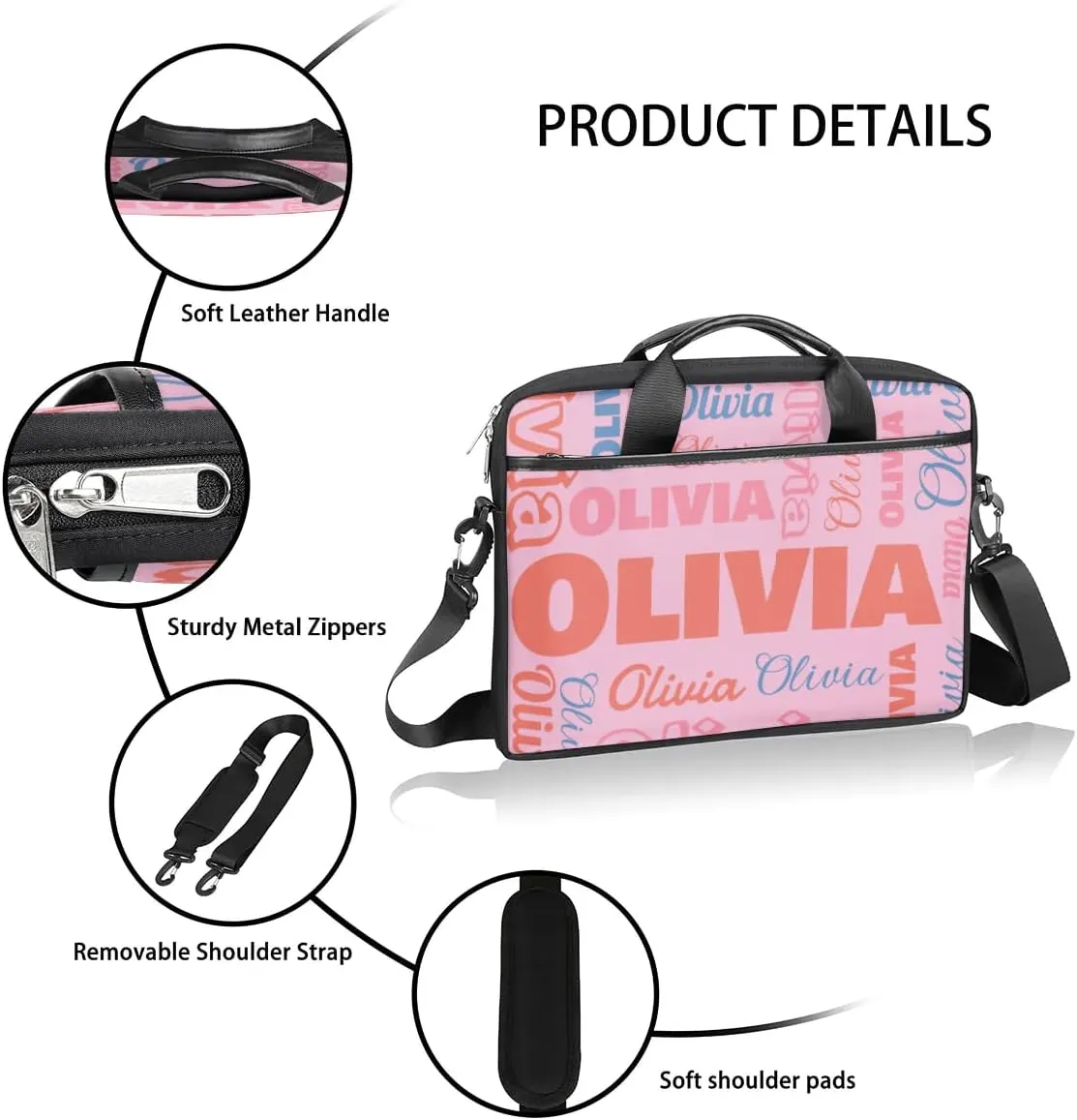 Custom Laptop Bag 15 Inch with Name Personalized Laptop Shoulder Bag Case Briefcases for Women Men - Black