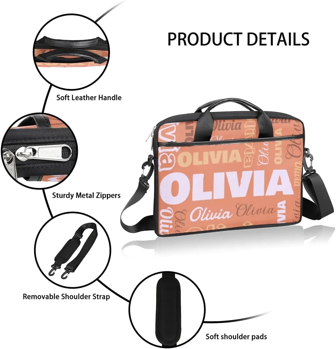Custom Laptop Bag 15 Inch with Name Personalized Laptop Shoulder Bag Case Briefcases for Women Men - Black