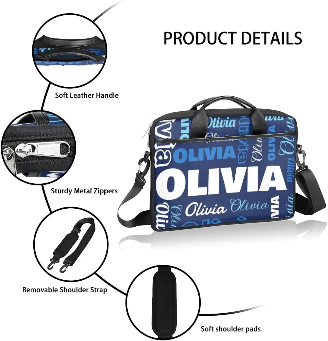 Custom Laptop Bag 15 Inch with Name Personalized Laptop Shoulder Bag Case Briefcases for Women Men - Black