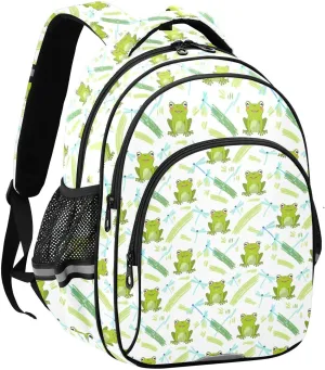 Cute Green Frogs Kids Backpack with Reflective Strips Adjustable 12L Lightweight School Bag for Boys Girls