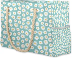 Daisy Naive Blue Large Beach Tote Bag Women Waterproof Sandproof Zipper Beach Bag for Pool Gym Grocery Travel with Wet Pocket