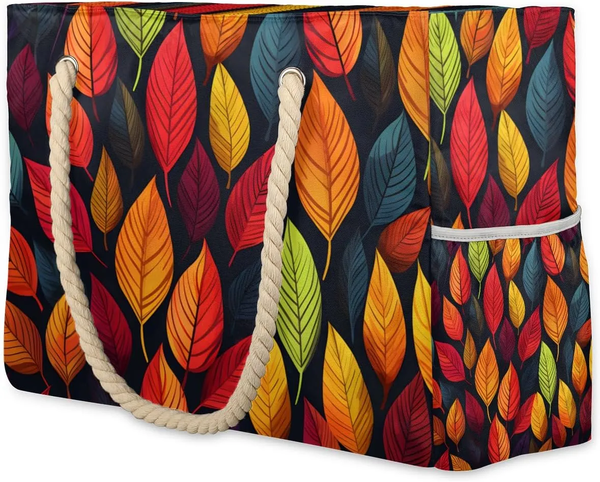 Dark Color Leaf Large Beach Tote Bag Women Waterproof Sandproof Zipper Leaves Beach Bag for Pool Gym Grocery Travel with Wet Pocket