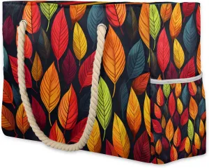 Dark Color Leaf Large Beach Tote Bag Women Waterproof Sandproof Zipper Leaves Beach Bag for Pool Gym Grocery Travel with Wet Pocket