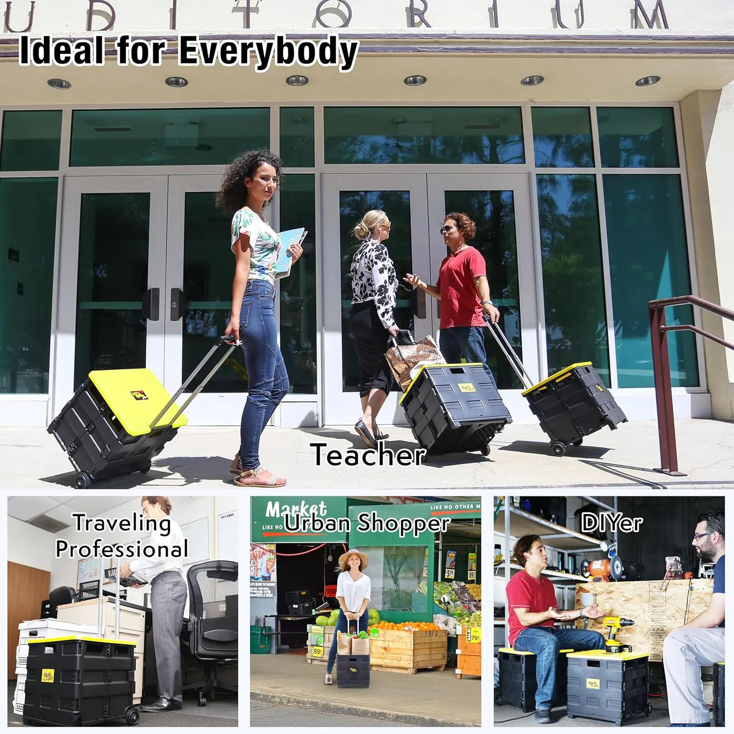 dbest products Quik Cart Collapsible Rolling Crate on Wheels for Teachers Tote Basket 80 lbs Capacity, Made from Heavy Duty Plastic and Used as a Seat, Canary, Yellow