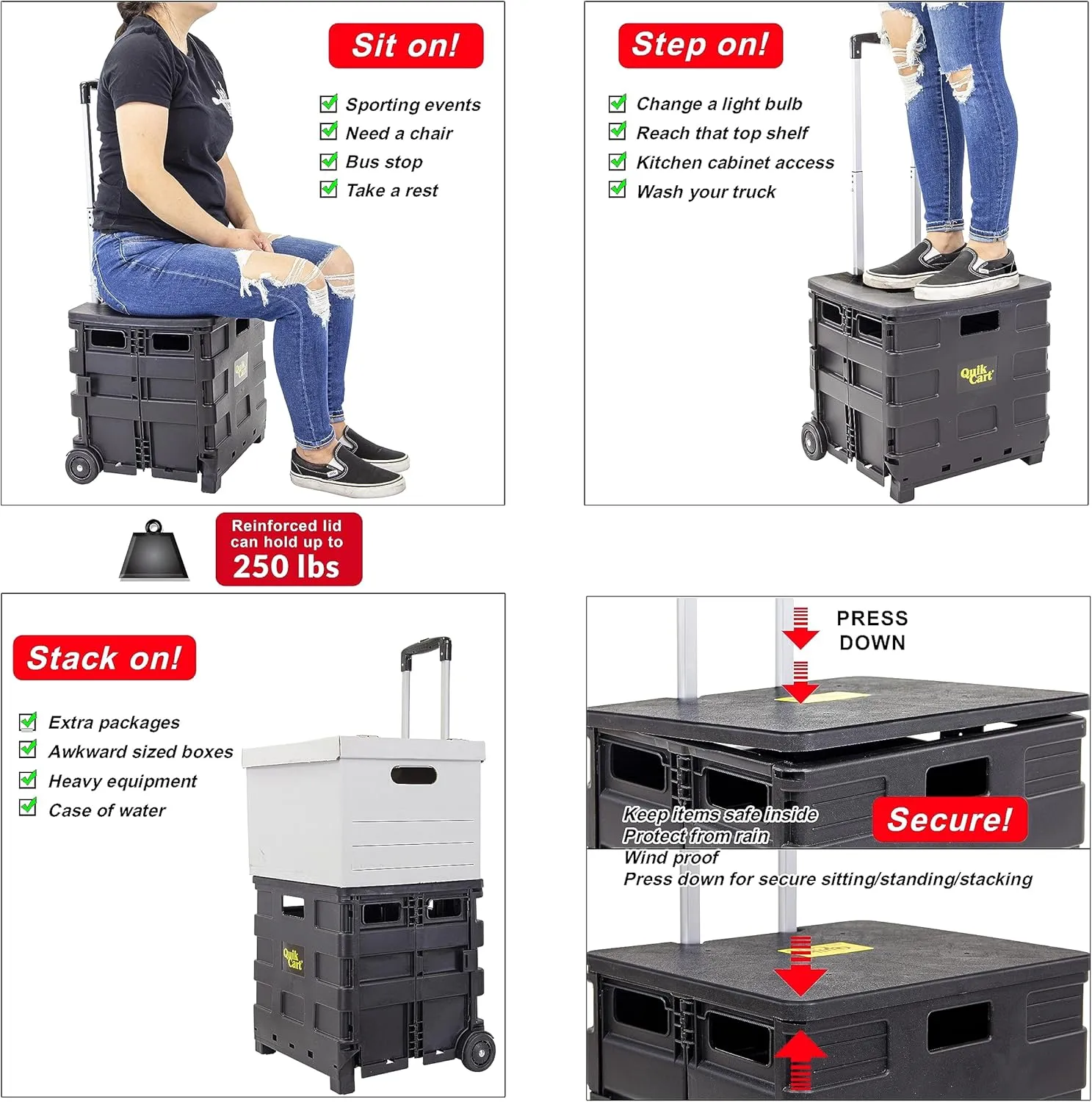 dbest products Quik Cart Sport Collapsible Rolling Crate on Wheels for Teachers Tote Basket 80 lbs Capacity, Made from Heavy Duty Plastic Used as a Seat, Black