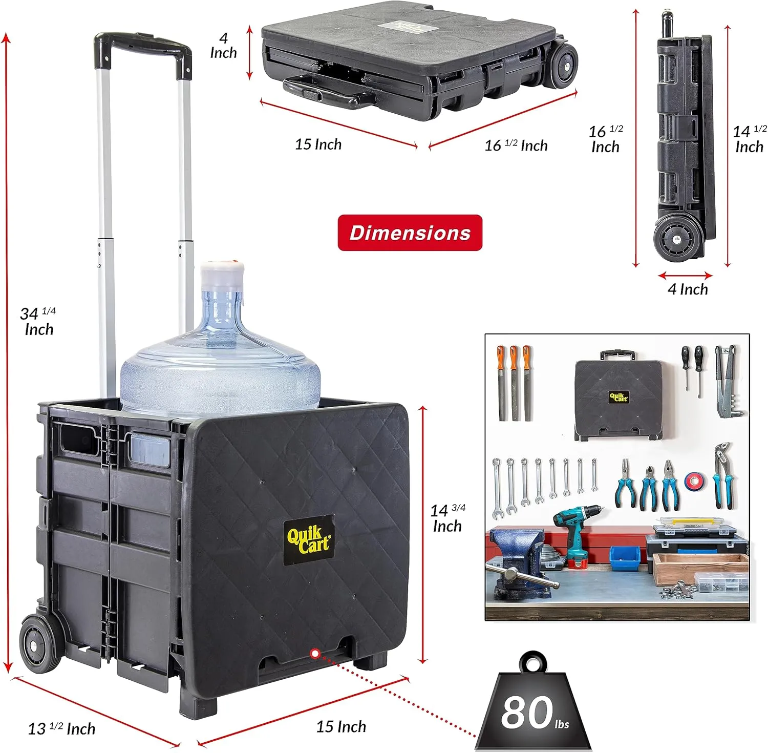 dbest products Quik Cart Sport Collapsible Rolling Crate on Wheels for Teachers Tote Basket 80 lbs Capacity, Made from Heavy Duty Plastic Used as a Seat, Black