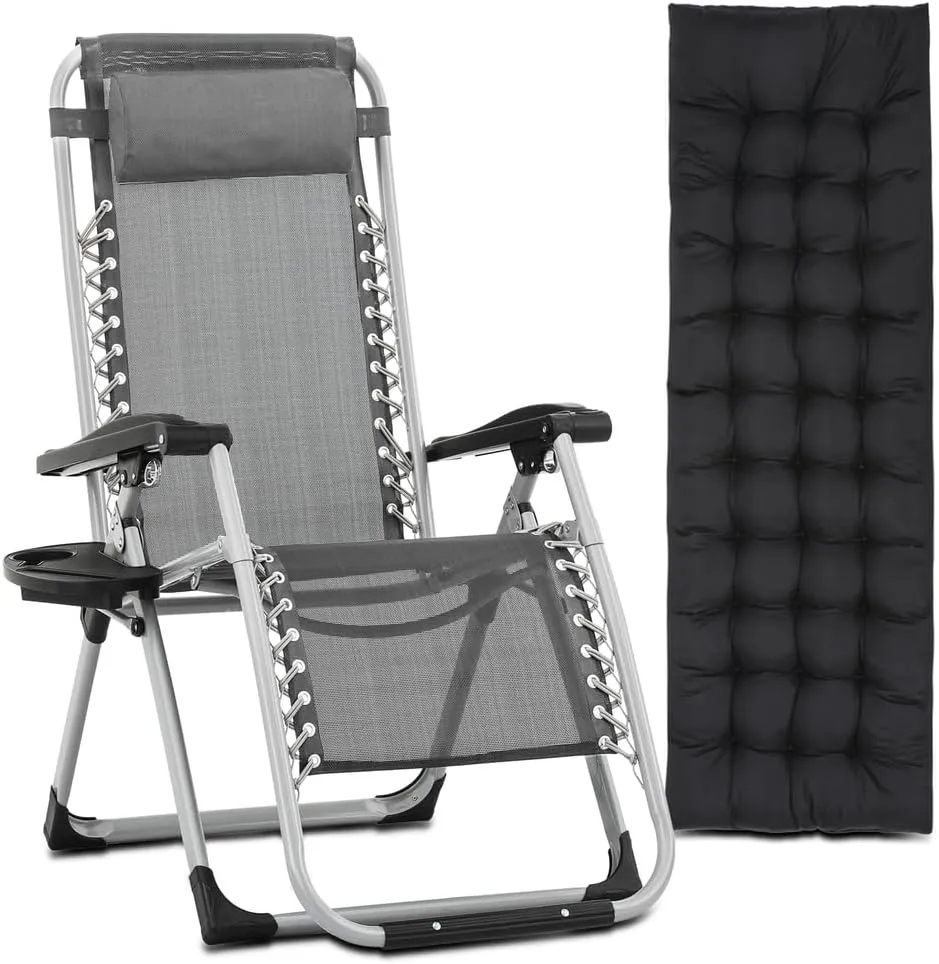 [Detachable Cushion Cup Holder] Zero Gravity Chair Foldable Beach Lounge Recliner (Grey)