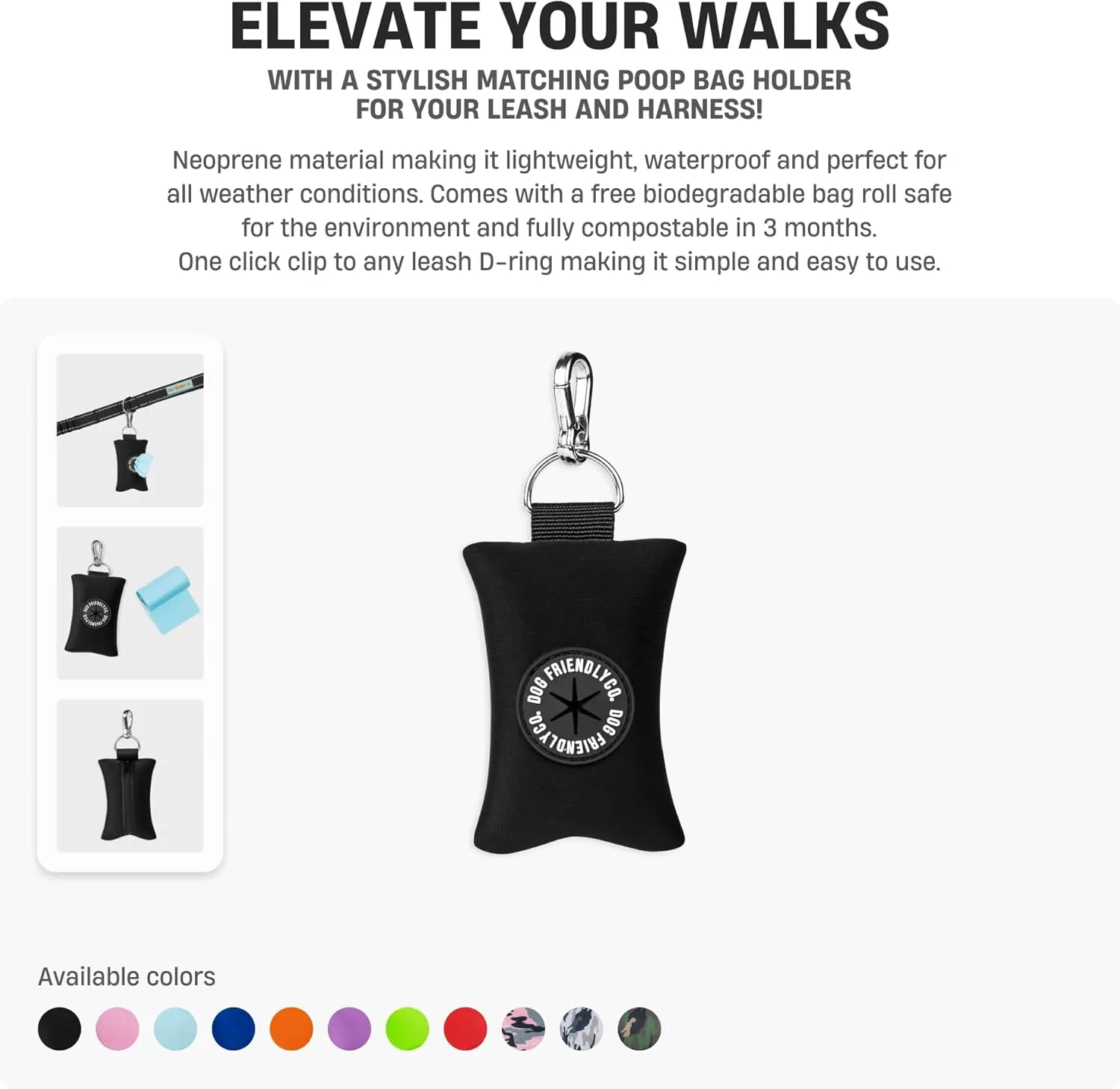 DF Co. Poop Bag Holder | Neoprene Fabric for All Weather Conditions, Stylish Walking Accessory, One Click Clip | Grey Camo