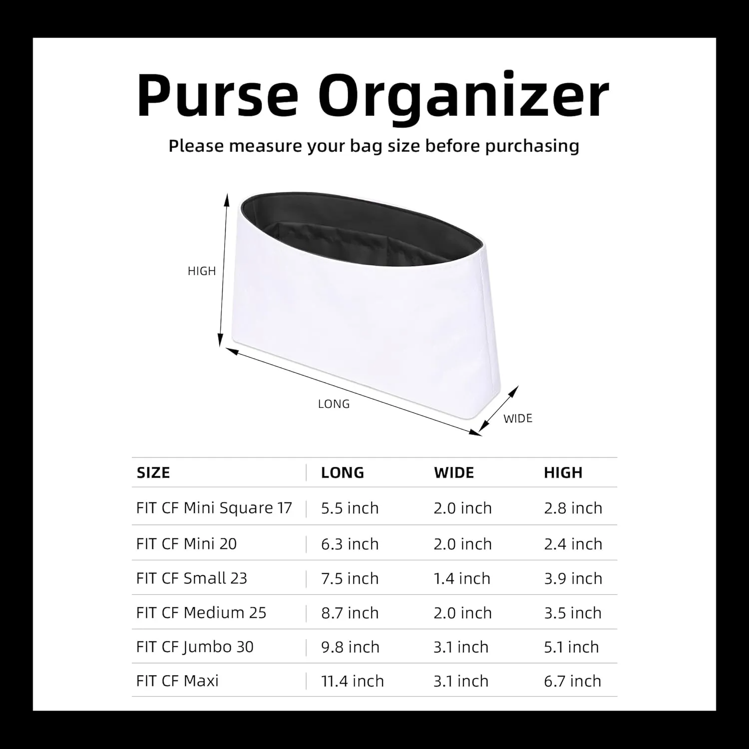 DGAZ Lightweight Purse Organizer Insert for Chanel CF Bag,Silk and Dupontpaper handbag inner for Luxury Bags(Black,CF mini 20)