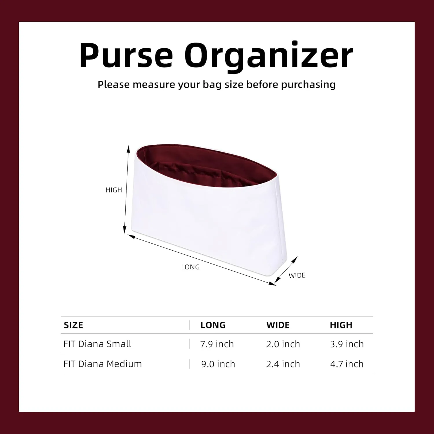 DGAZ Lightweight Purse Organizer Insert for Chanel Diana Bag,silk and DupontPaper handbag inner for Luxury Bags(Rouge Cassque,Diana Small)