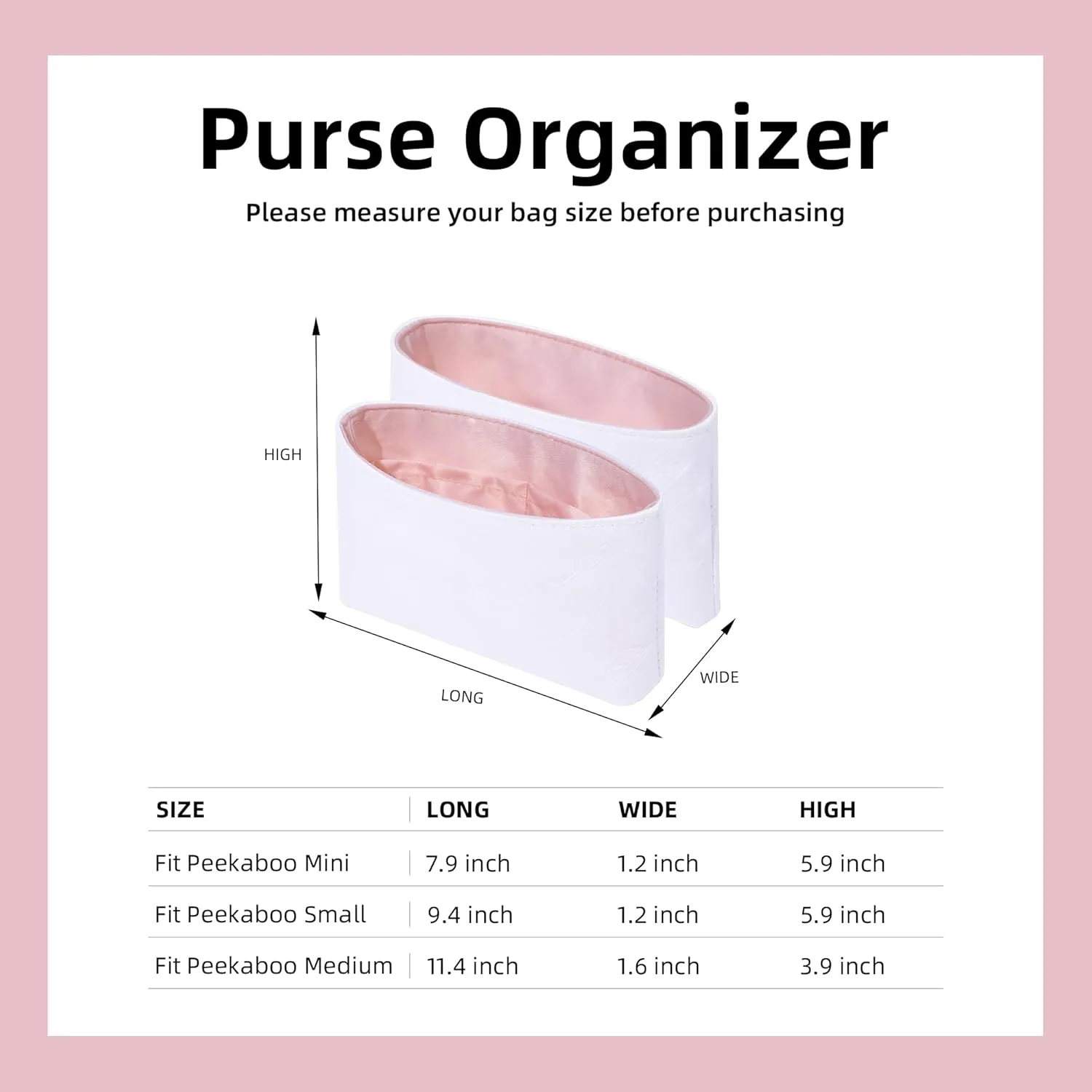 DGAZ Lightweight Purse Organizer Insert for Fendi Peekaboo Bag,silk and DupontPaper handbag inner for Luxury Bags(Pink,Peekaboo M)
