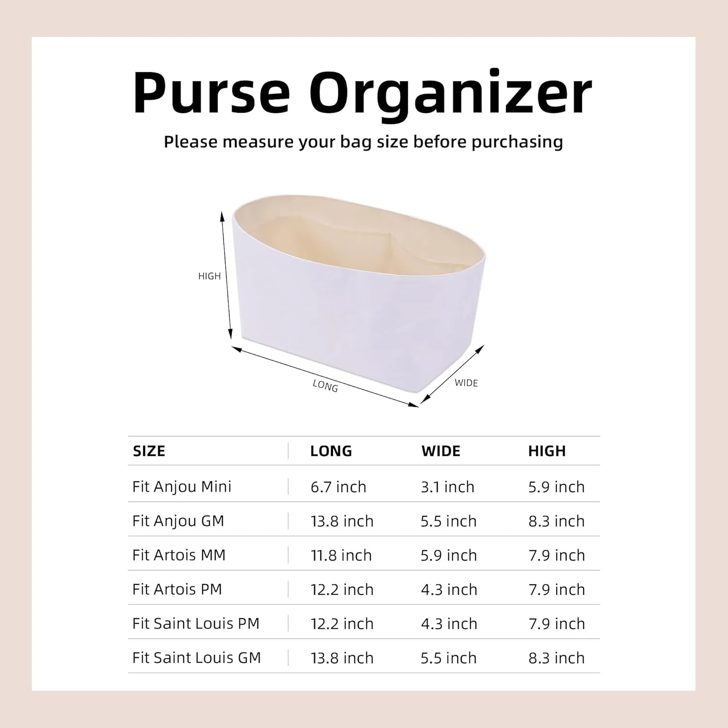 DGAZ Lightweight Purse Organizer Insert for Goyard Anjou/Artois/Saint Louis Bag,silk and DupontPaper handbag inner for Luxury Bags(Craie,Artois MM)
