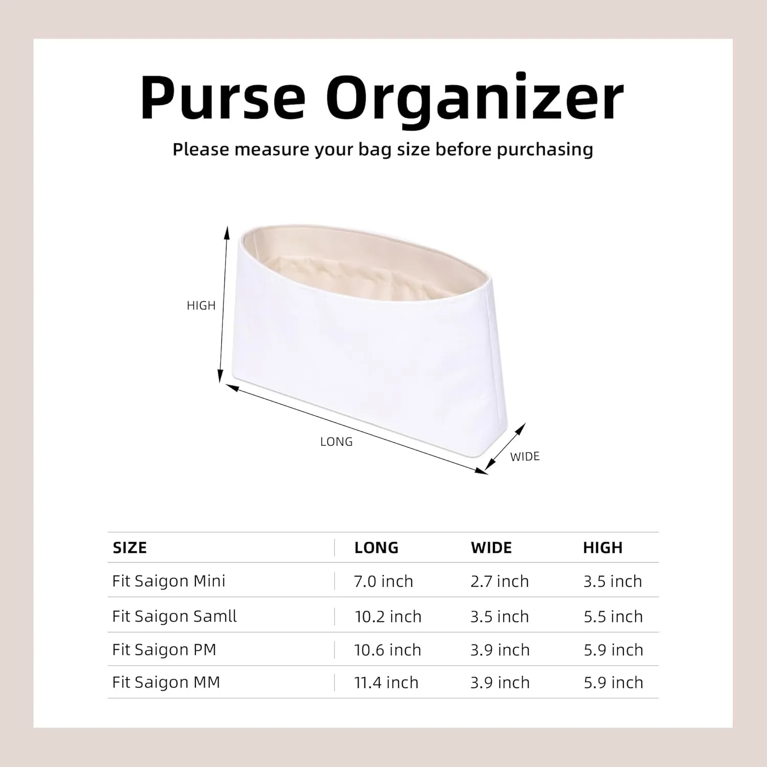 DGAZ Lightweight Purse Organizer Insert for Goyard Saigon Bag,silk and DupontPaper handbag inner for Luxury Bags(Craie,Saigon Mini)