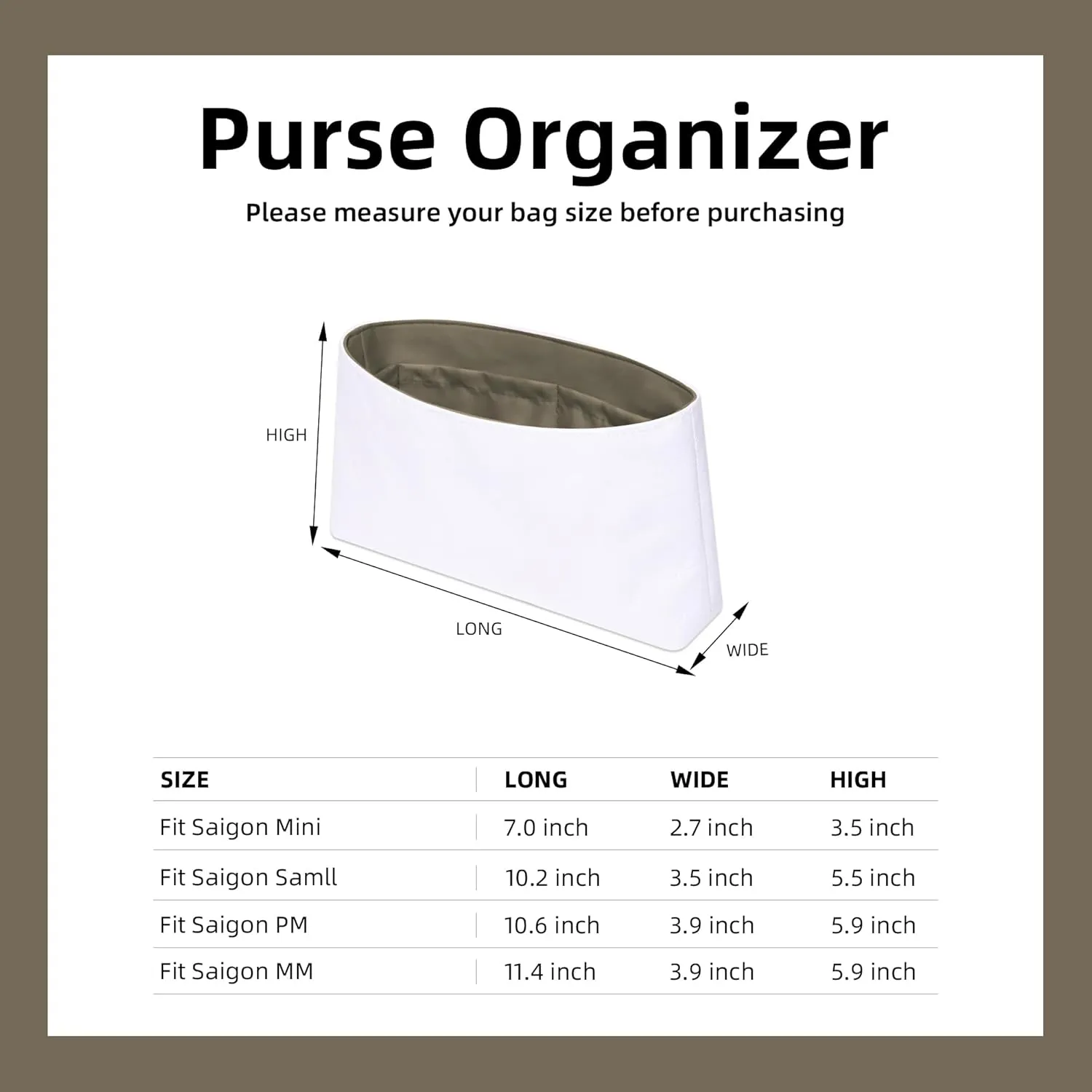DGAZ Lightweight Purse Organizer Insert for Goyard Saigon Bag,silk and DupontPaper handbag inner for Luxury Bags(Etoupe grey,Saigon Mini)