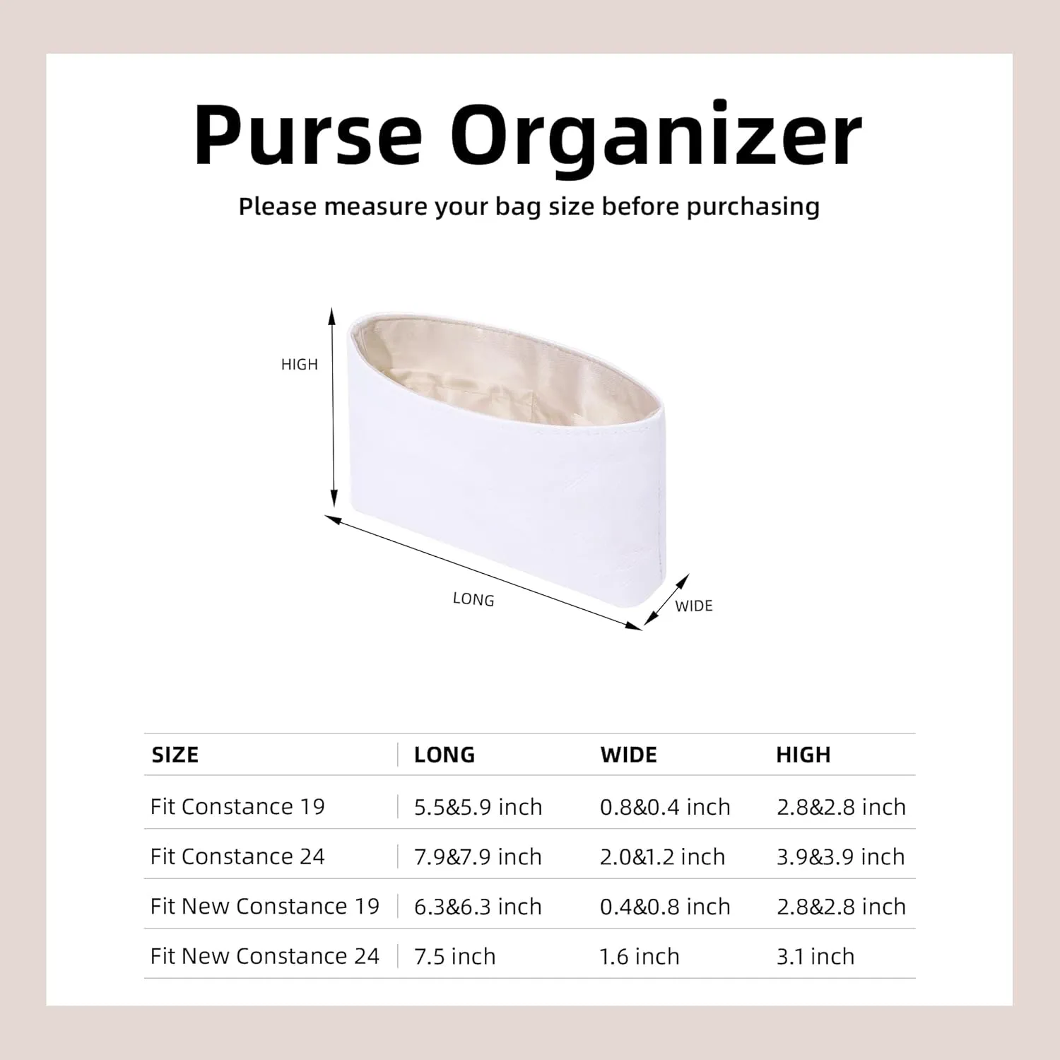 DGAZ Lightweight Purse Organizer Insert for Hermes Constance Bag,Silk and Dupontpaper handbag inner for Luxury Bags(Craie,C24)